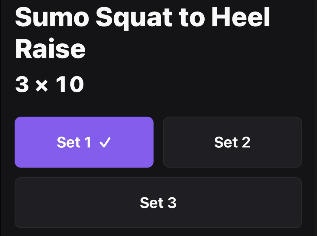 Gym mode: Sumo Squat to Heel Raise, 3 × 10, Set 1 complete.