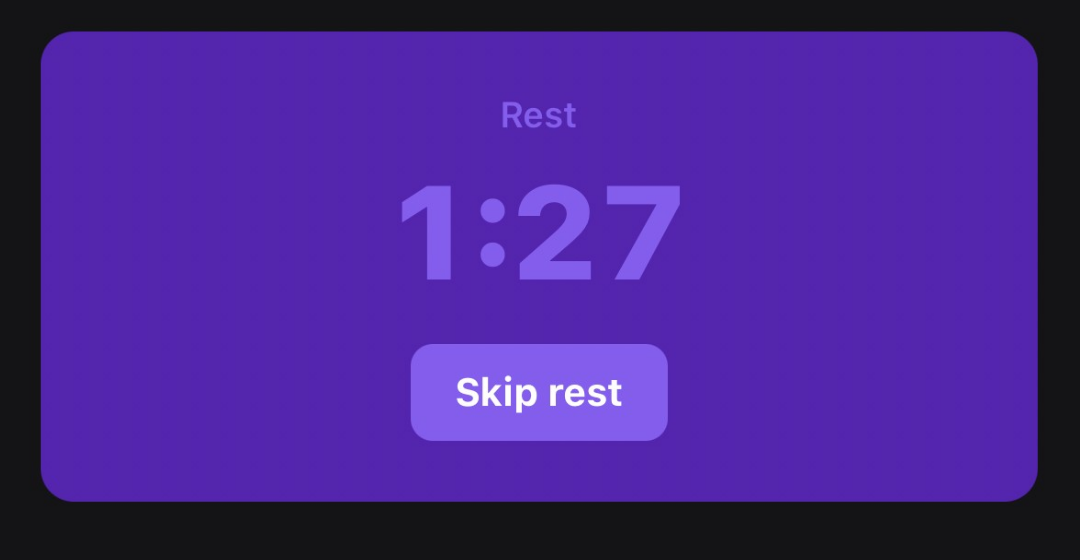 A purple rest timer counting down 1:27 with a Skip rest button.