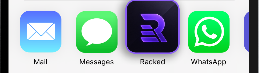 The iOS share sheet with Racked highlighted between Messages and WhatsApp.